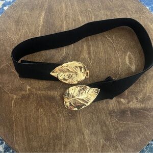 H&M Black Elastic Belt with Gold Leaf Buckles